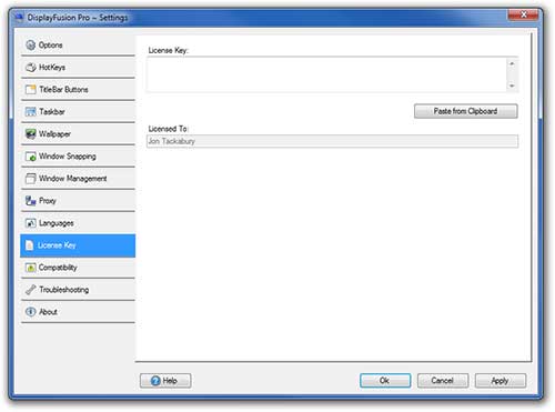 DisplayFusion Settings - License Key