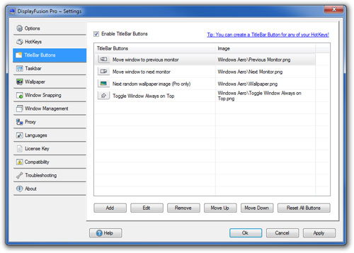 DisplayFusion Settings - TitleBar Buttons