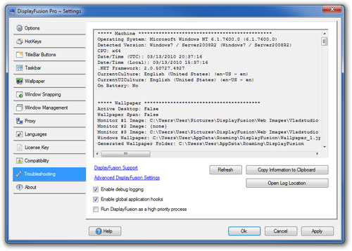 DisplayFusion Settings - Troubleshooting