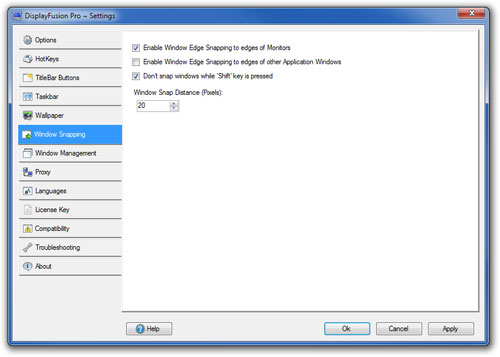 DisplayFusion Settings - Window Snapping