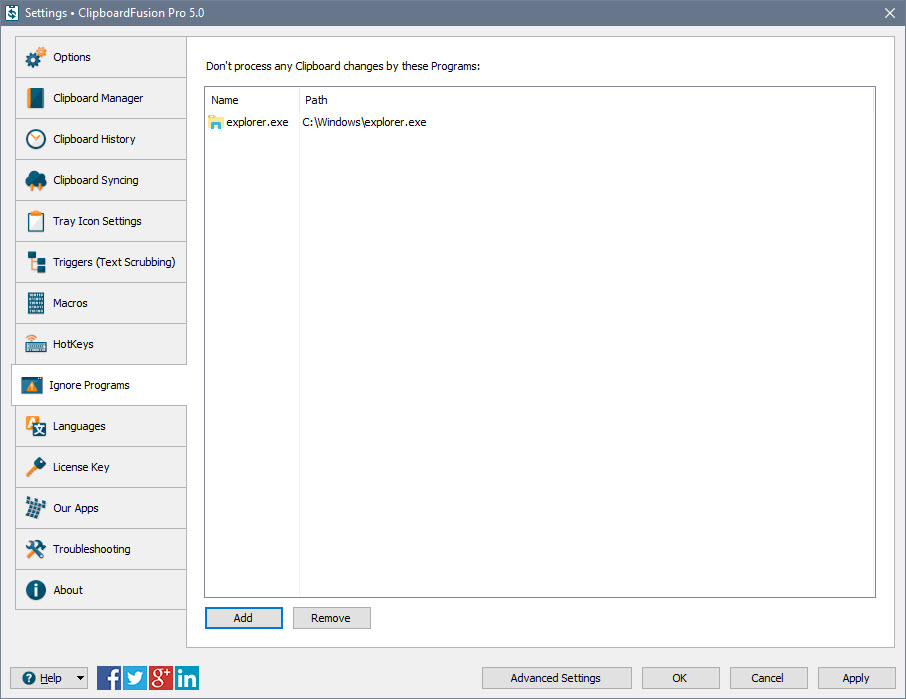 Settings > Ignore Programs Tab Settings > Ignore Programs Tab