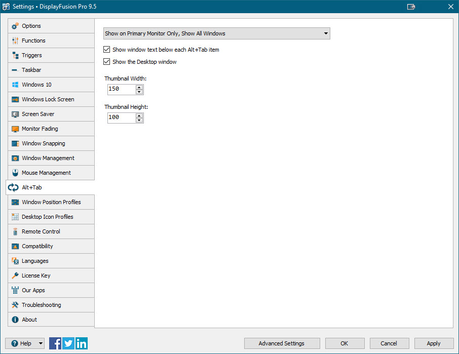 Settings > Alt+Tab Settings > Alt+Tab