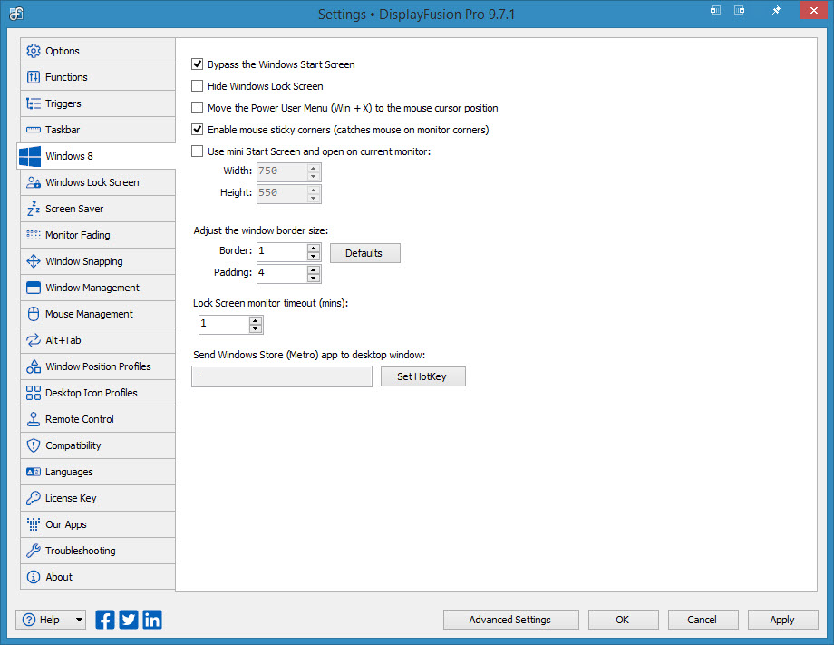 Settings &gt; Windows 8 Tab