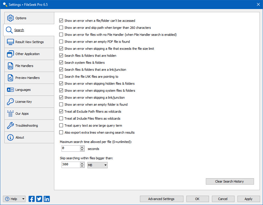 FileSeek Settings: Search FileSeek Settings: Search