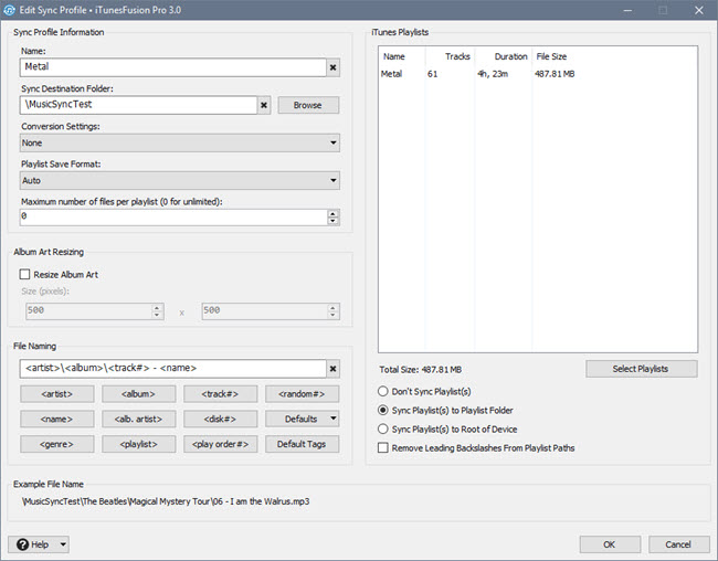 Edit Sync Profile Window Edit Sync Profile Window