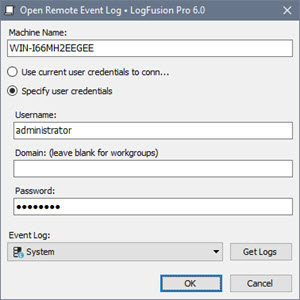 Connection Dialog for Remote Windows Event Log Connection Dialog for Remote Windows Event Log