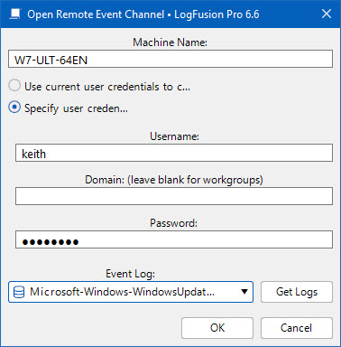 Connection Dialog for Remote Windows Event Channel