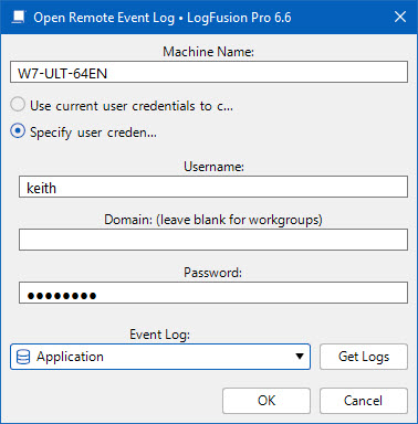 Connection Dialog for Remote Windows Event Log