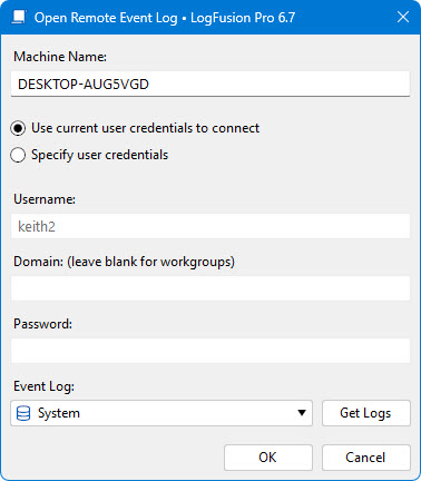 Connection Dialog for Remote Windows Event Log